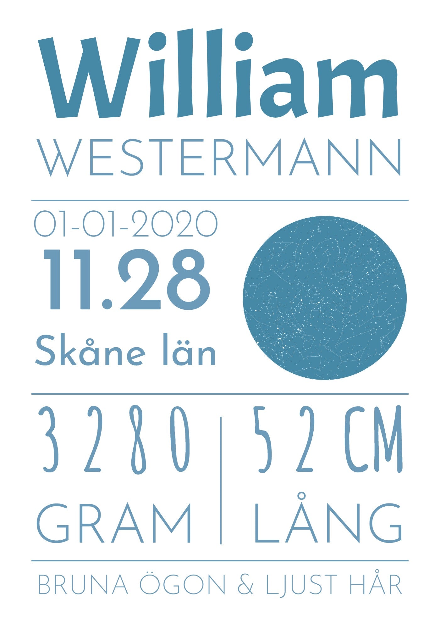 Födelsetabell med stjärnhimmel 21x30cm (A4)