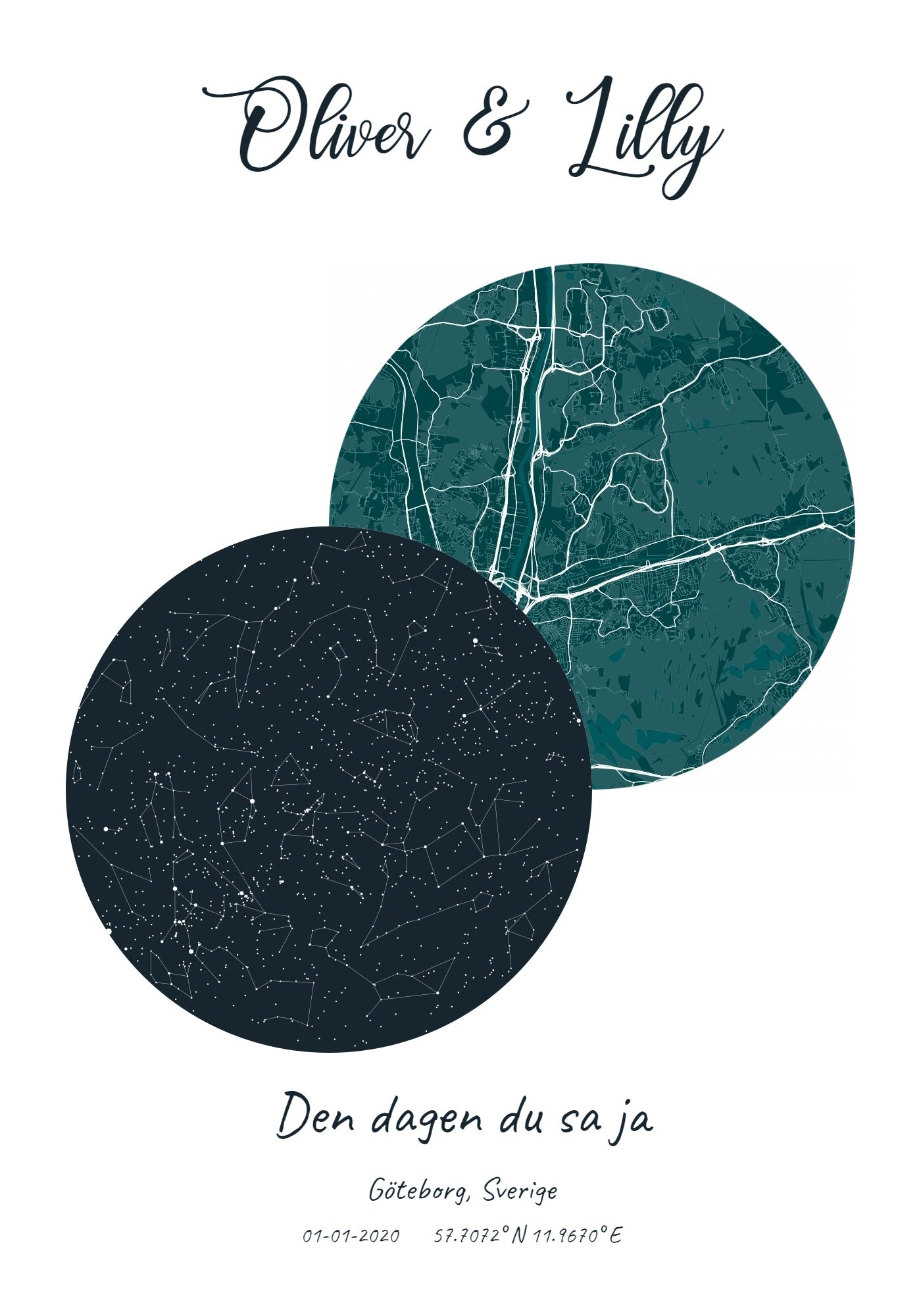 Stjärnhimmelposter med stadskarta 21x30cm (A4)