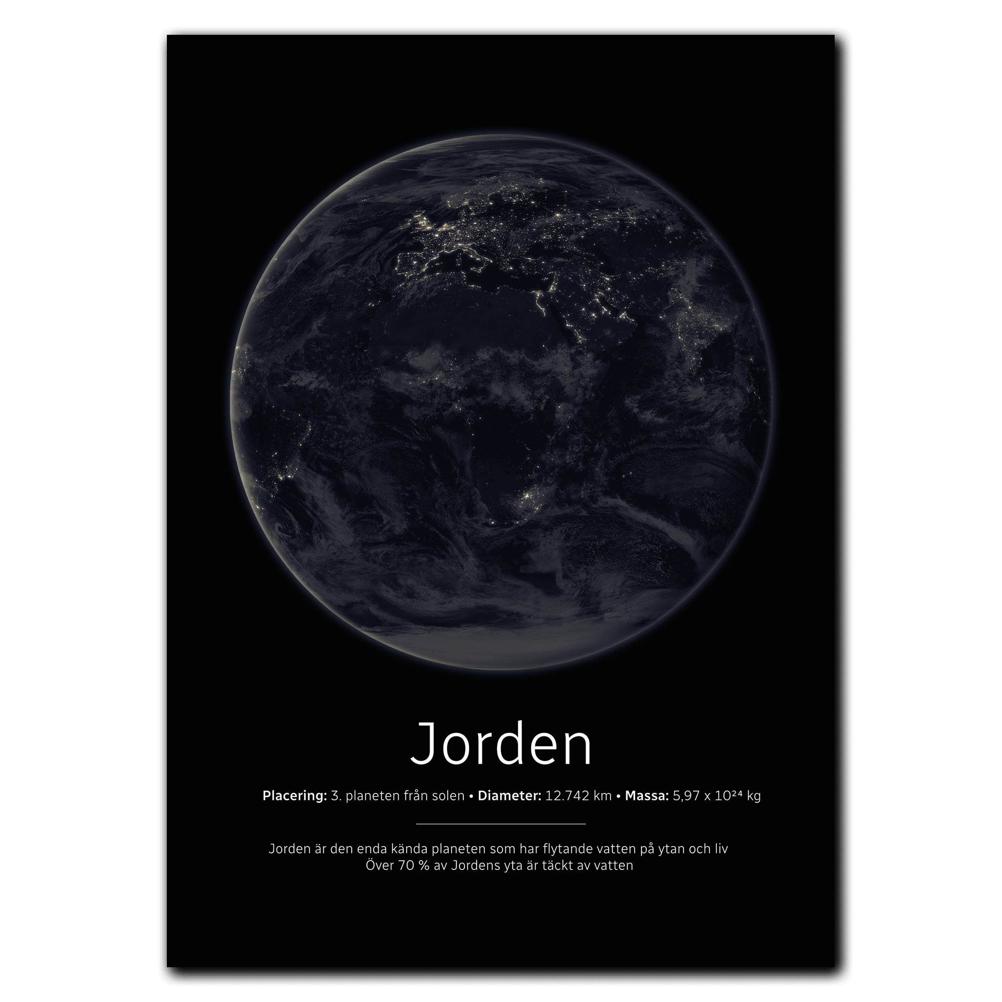 Jorden Poster (nattversion) 42x60 (A2) / Sort egetræ