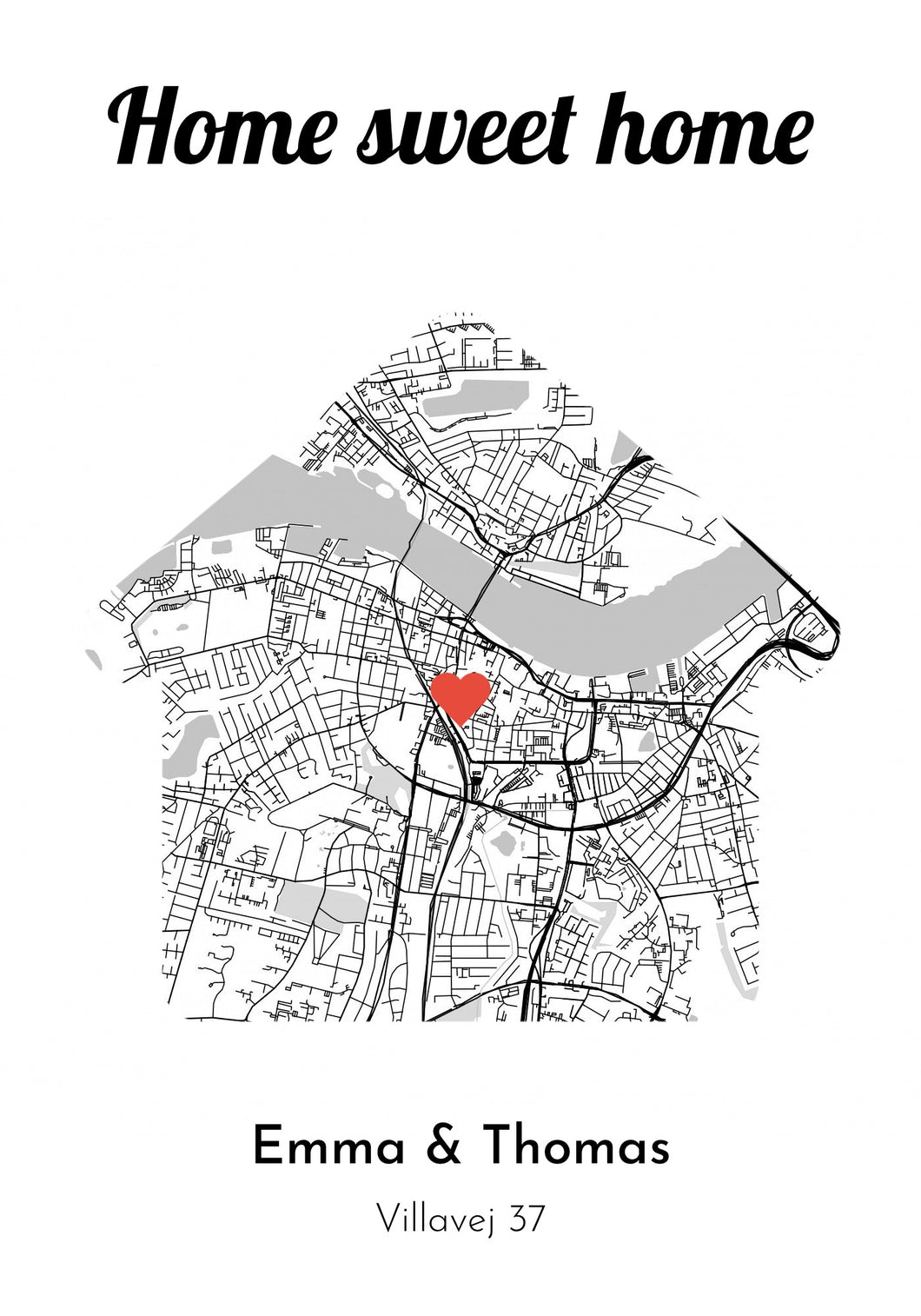 Hus stadskarta med hjärtmarkör
